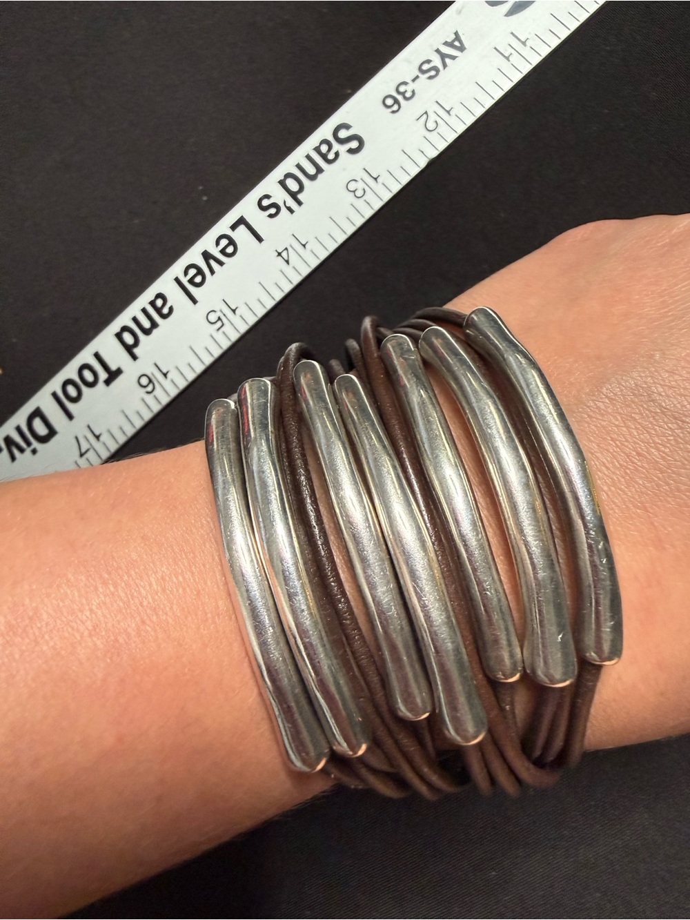 UNOde50 Brown Leather Cord Wrap Cuff Bracelet Silver Tone Toggle Clasp Signed